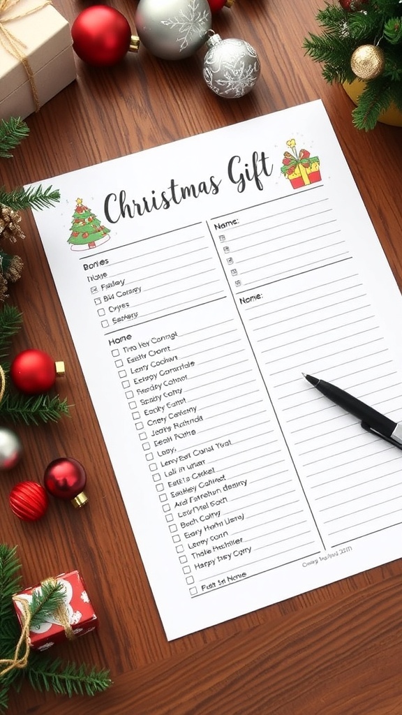 Christmas Gift List Template A Christmas gift list template on a table with holiday decorations.
